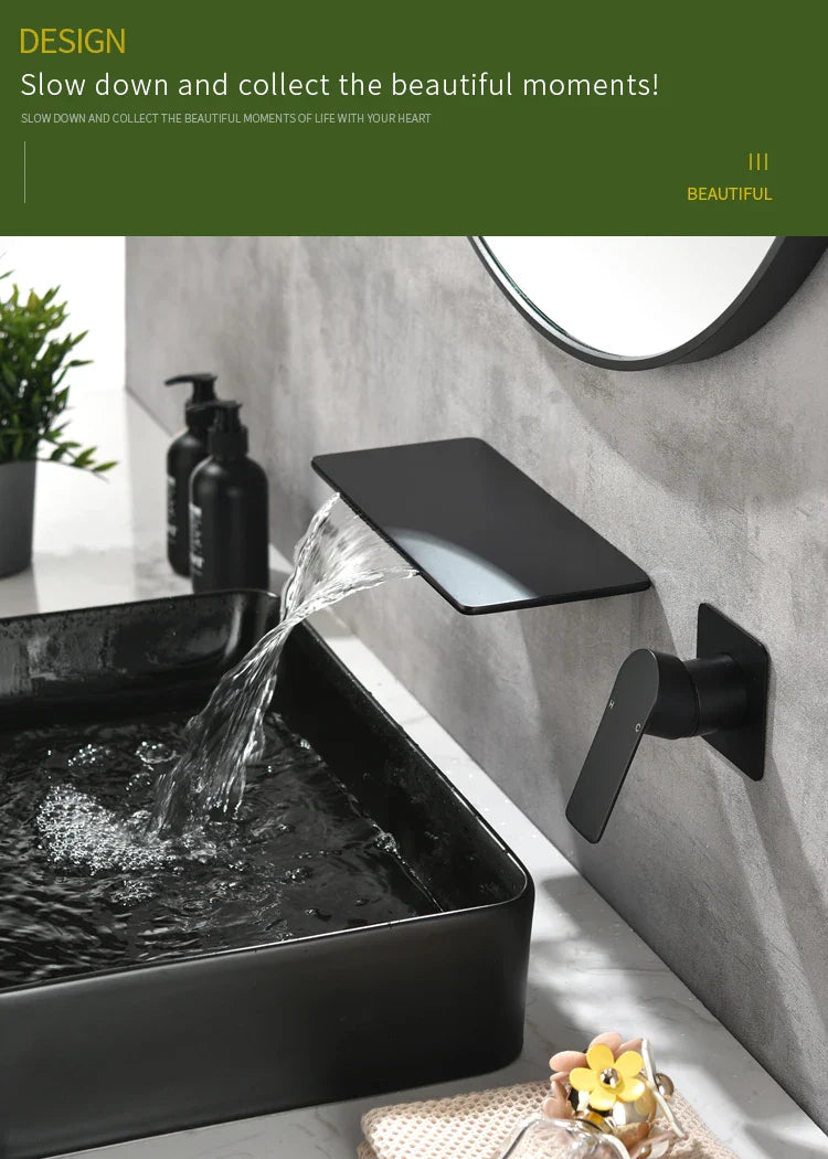 Waterfall Sink Faucet Shelf Basin Water Mixer Tap Black Wall Mounted Brass Elegant Life Decoration Bathroom Hotel Faucet