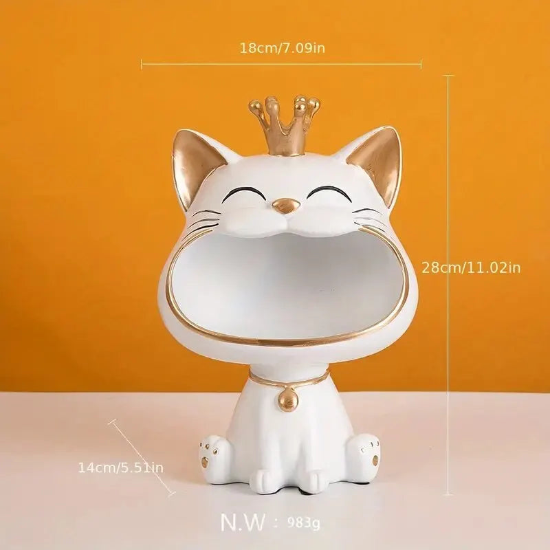 Fortune Crown Big Mouth Cat Entrance Key Storage Tray Decorative Ornament, Light Luxury Housewarming Gift Sculpture