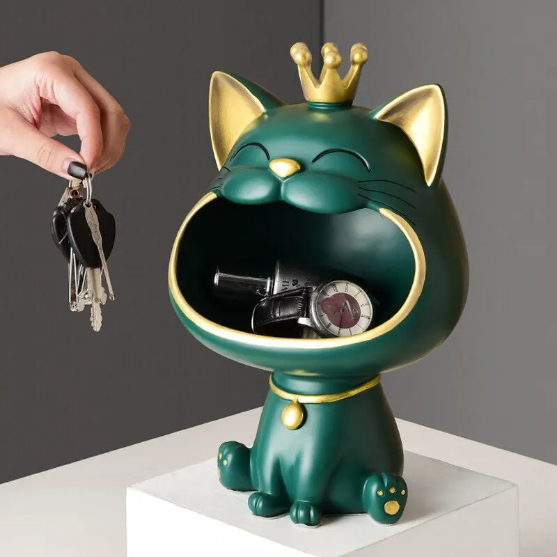 Fortune Crown Big Mouth Cat Entrance Key Storage Tray Decorative Ornament, Light Luxury Housewarming Gift Sculpture