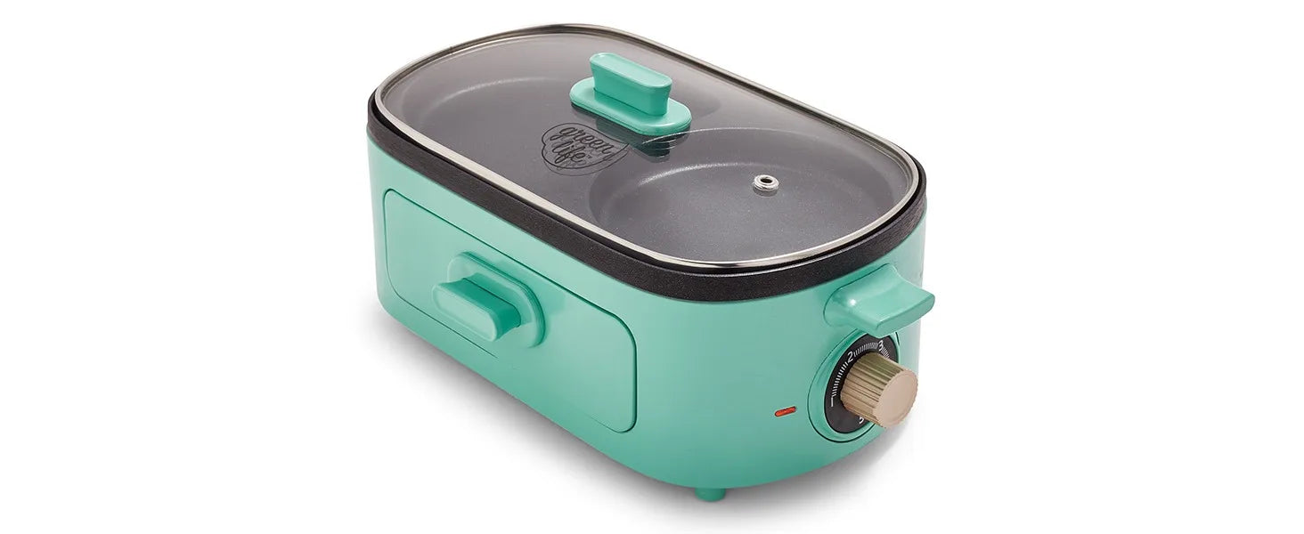 3-in-1 Breakfast Maker Station, Ceramic Nonstick Dual Griddles & Breakfast Sandwiches, 2 Slice Toast Drawer, Turquoise