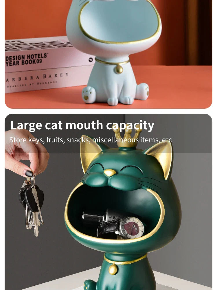 Fortune Crown Big Mouth Cat Entrance Key Storage Tray Decorative Ornament, Light Luxury Housewarming Gift Sculpture