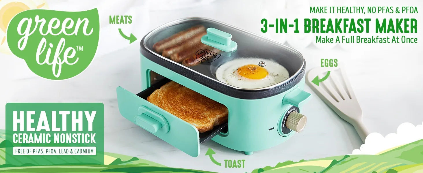 3-in-1 Breakfast Maker Station, Ceramic Nonstick Dual Griddles & Breakfast Sandwiches, 2 Slice Toast Drawer, Turquoise