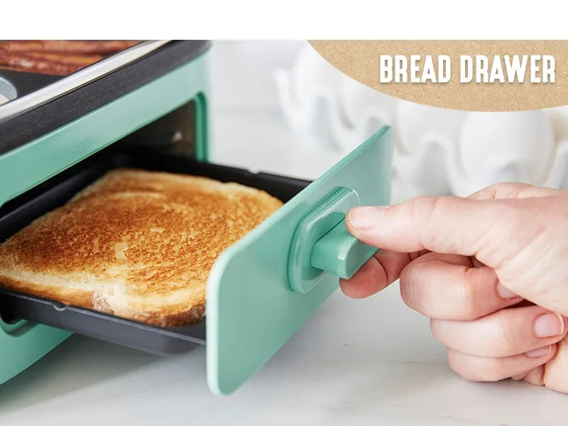 3-in-1 Breakfast Maker Station, Ceramic Nonstick Dual Griddles & Breakfast Sandwiches, 2 Slice Toast Drawer, Turquoise