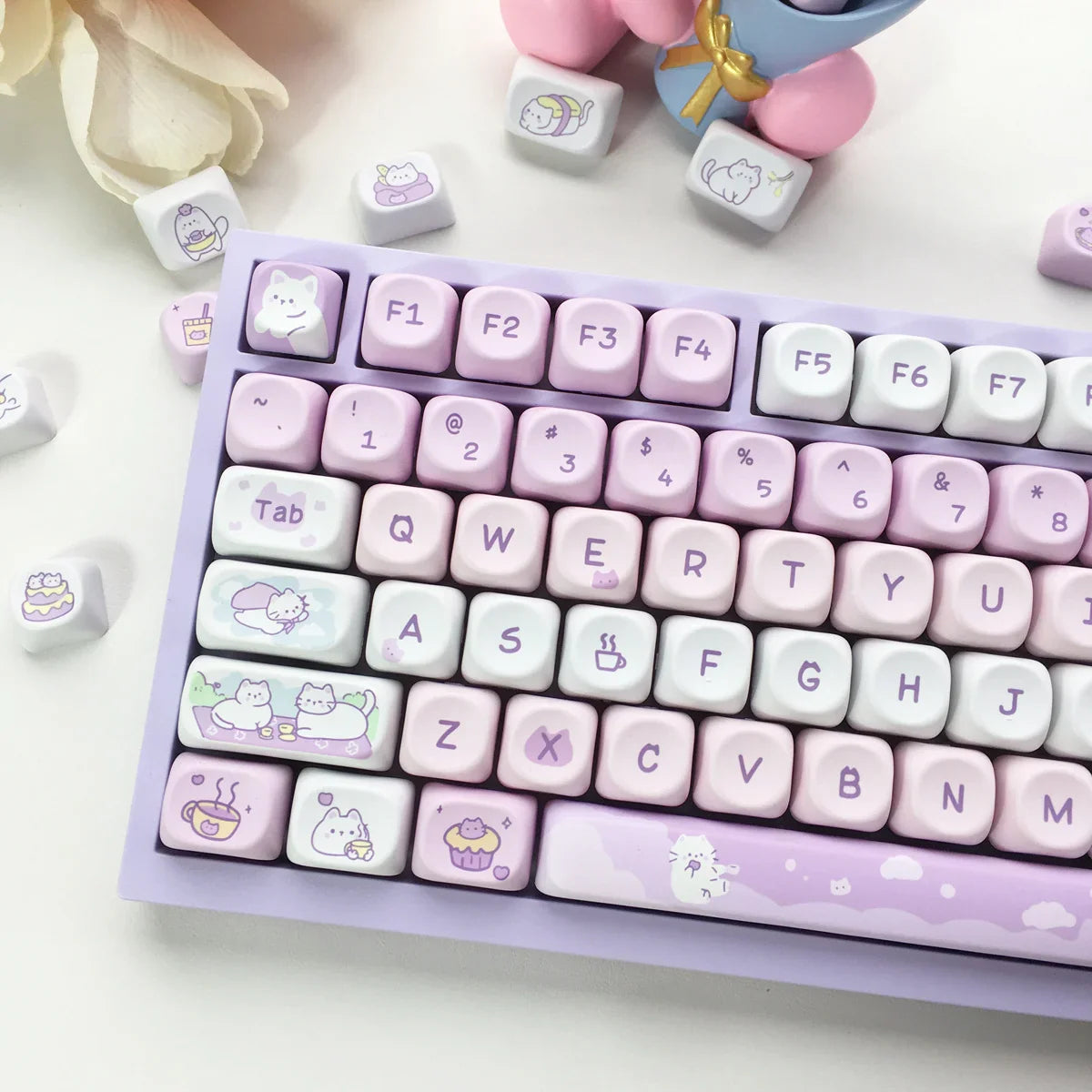 USLION 95Keys Dessert Cat Theme Keycaps MOA Profile PBT Key Caps Kit for 61/64/68/84/75/87Keys GMK67 Gaming Mechanical Keyboard