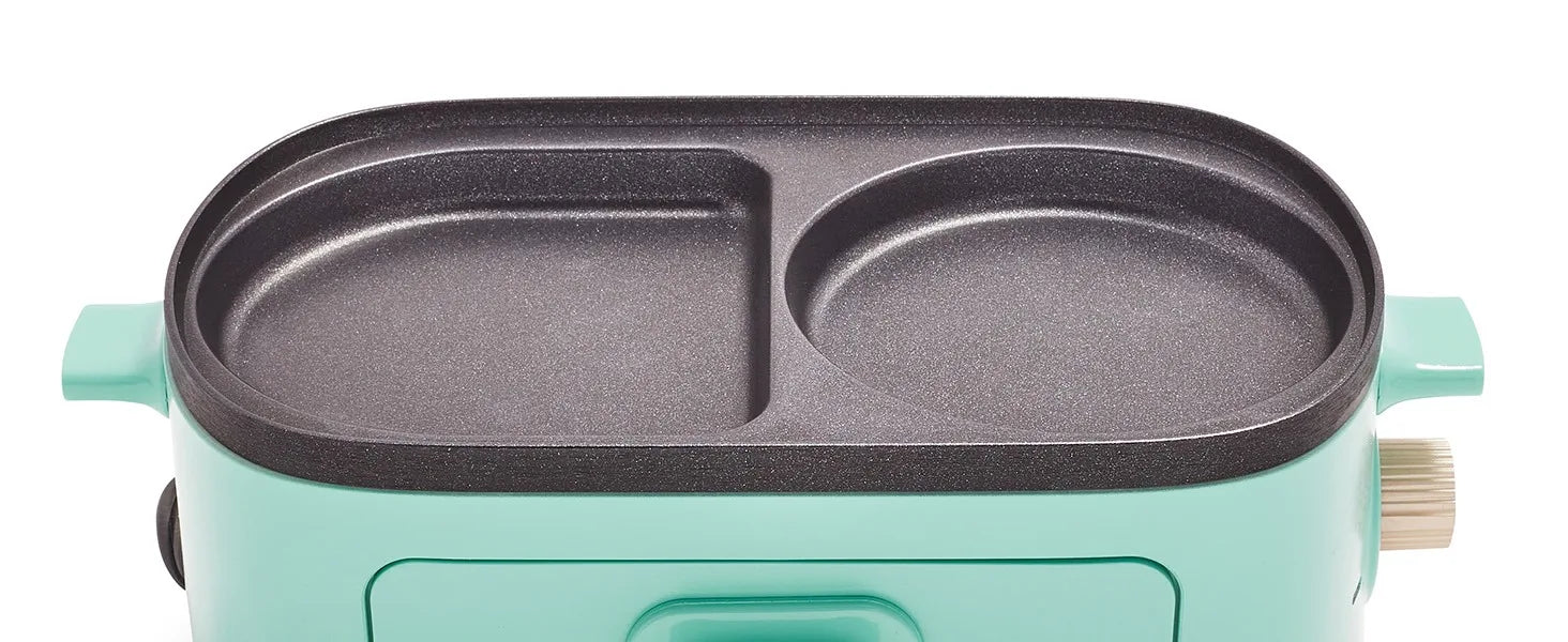 3-in-1 Breakfast Maker Station, Ceramic Nonstick Dual Griddles & Breakfast Sandwiches, 2 Slice Toast Drawer, Turquoise