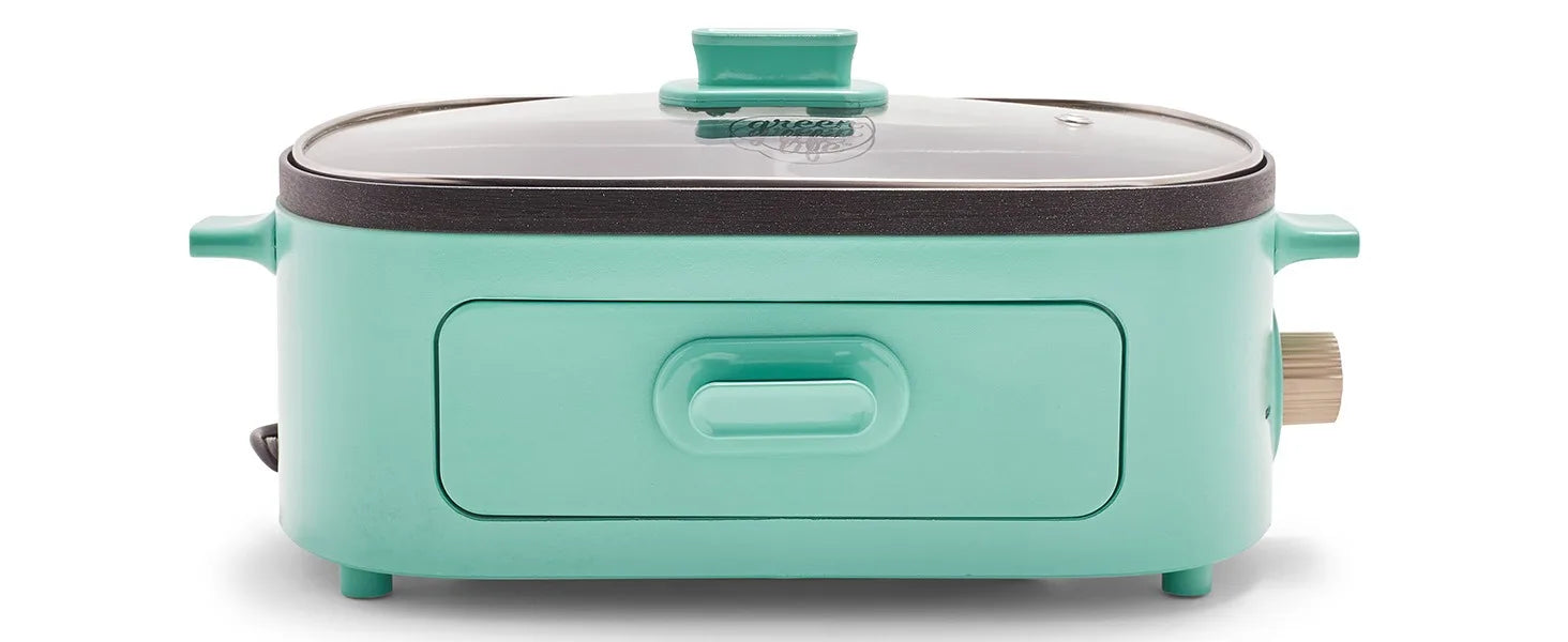 3-in-1 Breakfast Maker Station, Ceramic Nonstick Dual Griddles & Breakfast Sandwiches, 2 Slice Toast Drawer, Turquoise