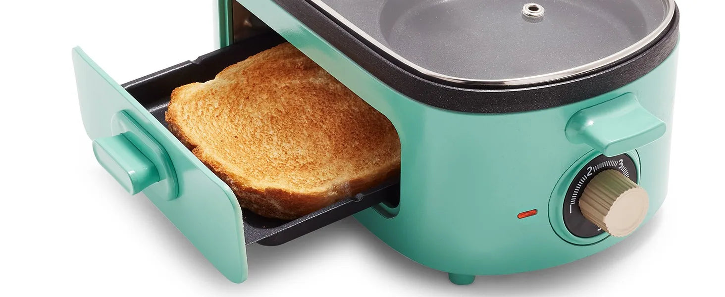 3-in-1 Breakfast Maker Station, Ceramic Nonstick Dual Griddles & Breakfast Sandwiches, 2 Slice Toast Drawer, Turquoise