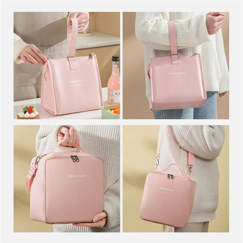 Portable Insulated Crossbody Lunch Bags Waterproof PU Large Capacity Food Bento Thermal Storage Container Shoulder Cooler Bags