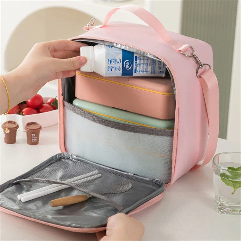 Portable Insulated Crossbody Lunch Bags Waterproof PU Large Capacity Food Bento Thermal Storage Container Shoulder Cooler Bags