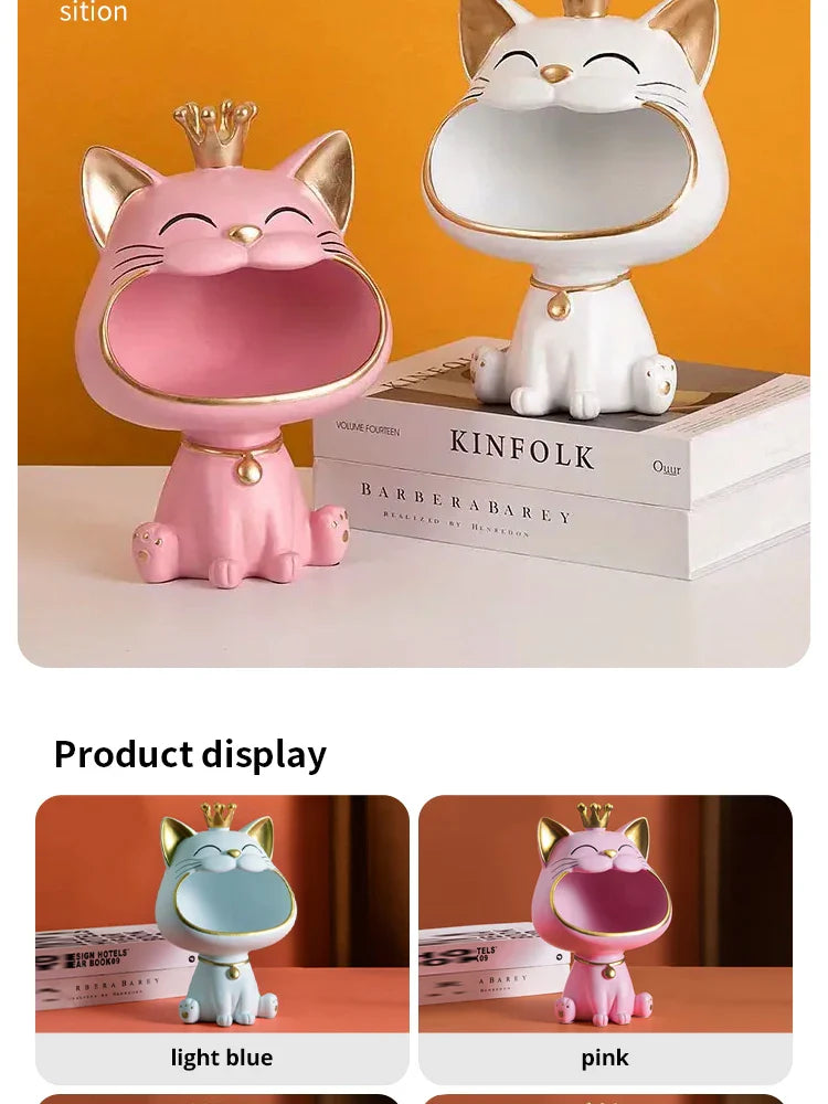 Fortune Crown Big Mouth Cat Entrance Key Storage Tray Decorative Ornament, Light Luxury Housewarming Gift Sculpture