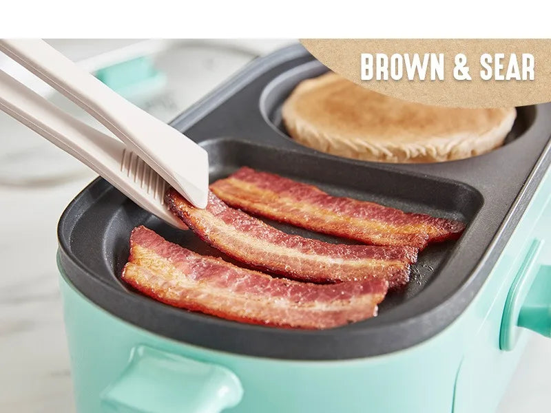 3-in-1 Breakfast Maker Station, Ceramic Nonstick Dual Griddles & Breakfast Sandwiches, 2 Slice Toast Drawer, Turquoise