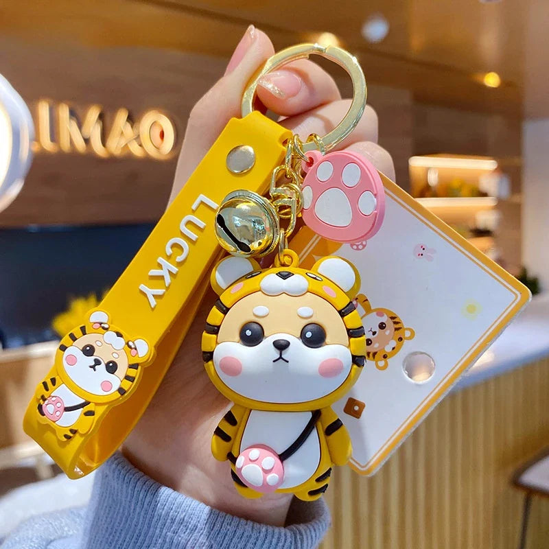 New Tiger Pattern Coat Shiba Inu Dog Keychain Cartoon PVC Animal Toys Keyring for Women Bag Pendant Men Car Keyfob Jewelry Gift