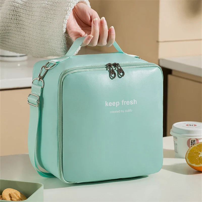 Portable Insulated Crossbody Lunch Bags Waterproof PU Large Capacity Food Bento Thermal Storage Container Shoulder Cooler Bags