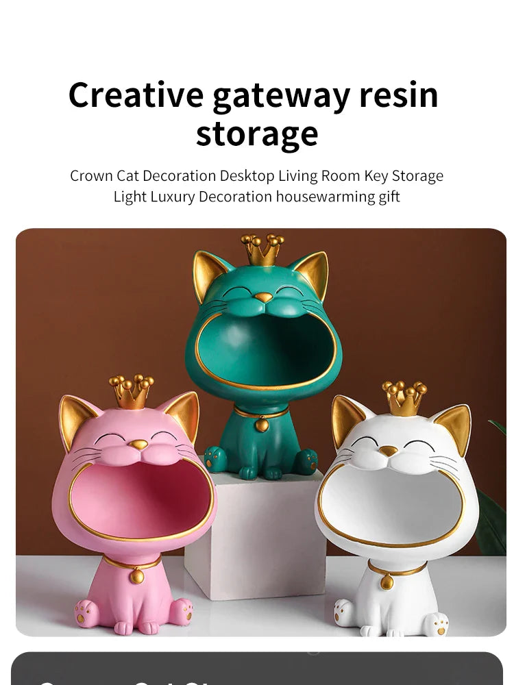 Fortune Crown Big Mouth Cat Entrance Key Storage Tray Decorative Ornament, Light Luxury Housewarming Gift Sculpture