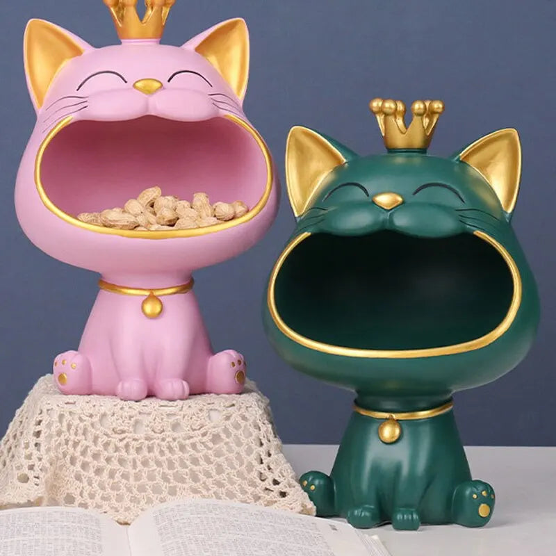 Fortune Crown Big Mouth Cat Entrance Key Storage Tray Decorative Ornament, Light Luxury Housewarming Gift Sculpture