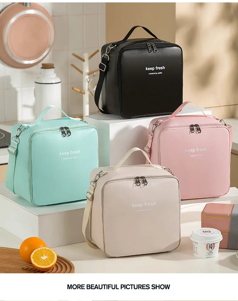 Portable Insulated Crossbody Lunch Bags Waterproof PU Large Capacity Food Bento Thermal Storage Container Shoulder Cooler Bags