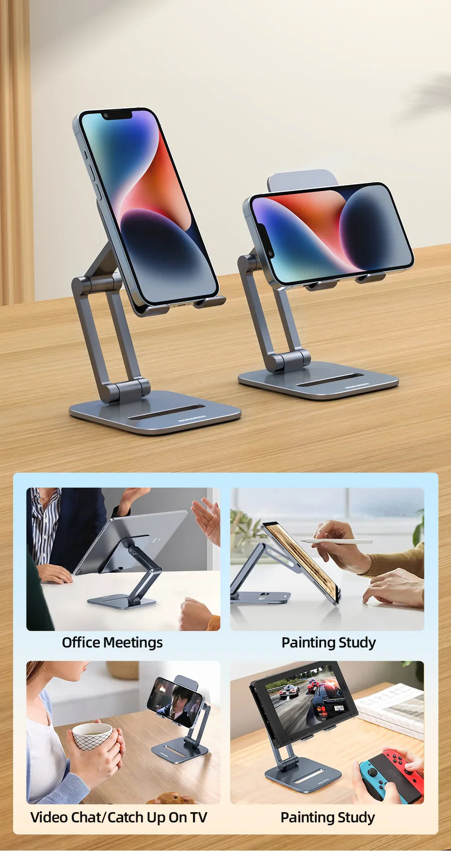 Rocoren Phone Holder Desk Mobile Phone Stand Foldable Metal Tablet Holder Support For iPhone 14 13 iPad Pro Air Universal Holder