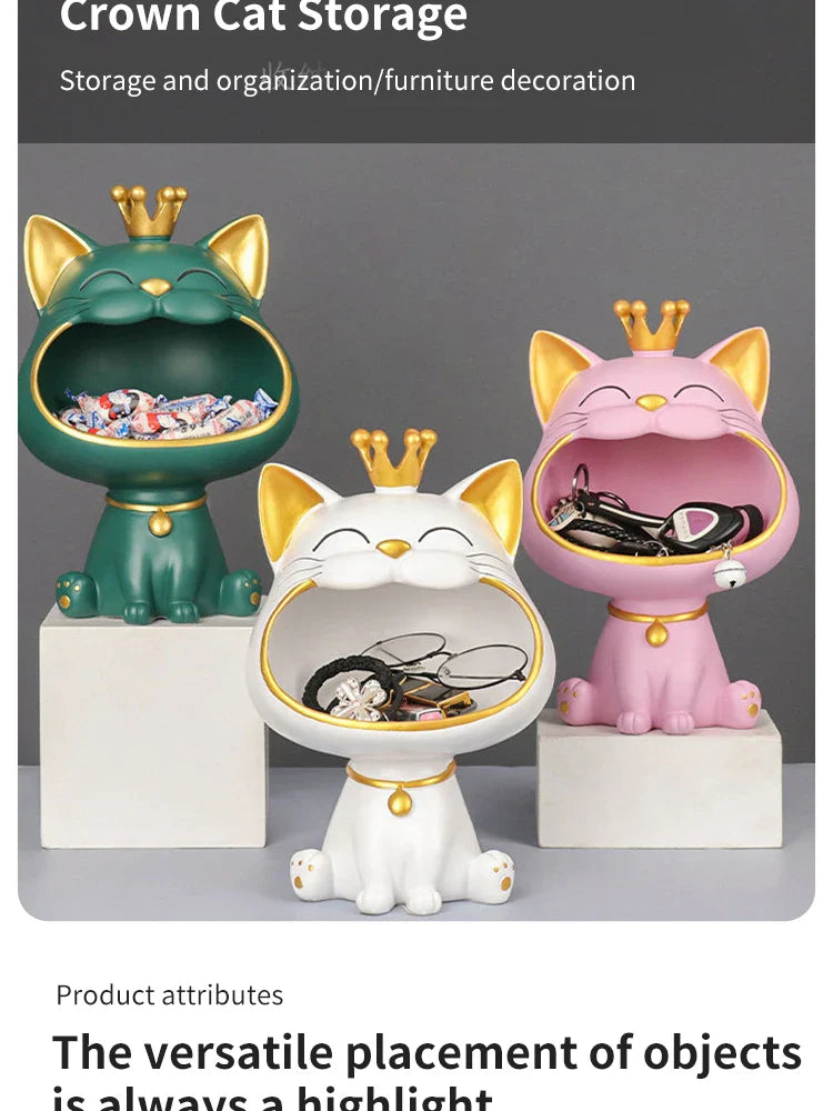 Fortune Crown Big Mouth Cat Entrance Key Storage Tray Decorative Ornament, Light Luxury Housewarming Gift Sculpture